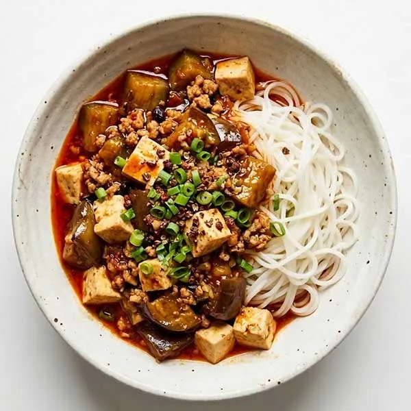 Mapo eggplant and tofu with rice noodle